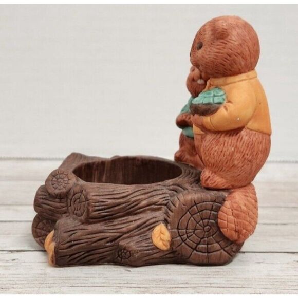 Avon Tea Light Holder Fireside Friends That Beaver Family On Log Votive Candle - Picture 7 of 11